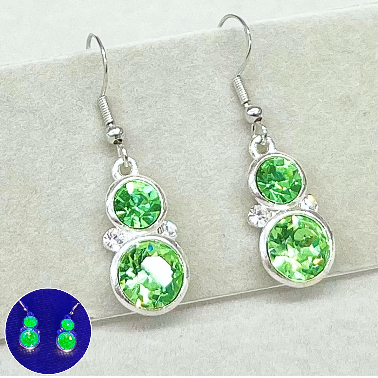 Vintage Green Uranium Glass Crystal Drop Swarovski Crystal Elements Earrings with UV Reactive Glow & Tiny Clear Crystal Accents TheGreenGlassGemShop