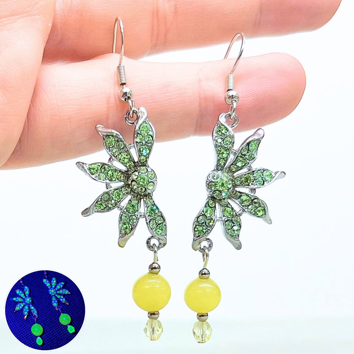 Vintage Green Uranium Crystal Flower Earrings with Swarovski Crystal Elements Earrings UV Reactive Glow Half Daisy Style TheGreenGlassGemShop