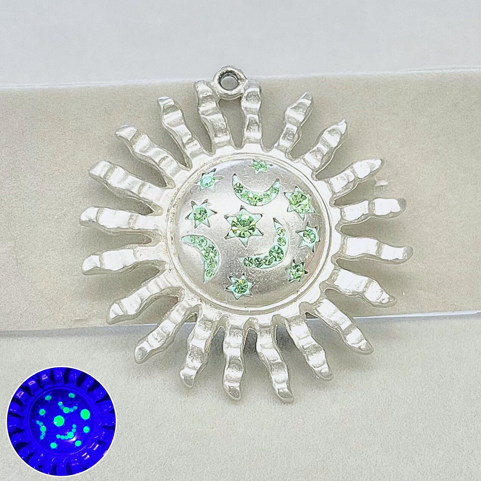 Sun Moon & Stars Pendant with Green Vintage Uranium Swarovski Crystal Elements in a Silver Tone Setting UV Reactive Glow Astronomy TheGreenGlassGemShop