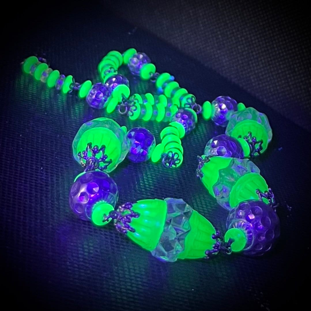 Art Deco Teal Green Uranium Glass Bead Necklace Bright Green UV Reactive Glow Jewellery 19” with Clear & Silver Glass Beads TheGreenGlassGemShop