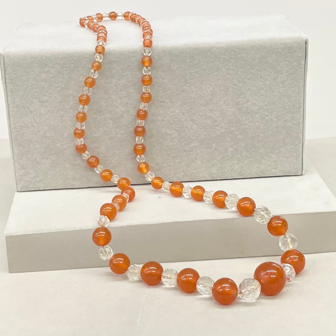 Long Vintage Carnelian Glass Uranium Graduated Bead Necklace Hand Strung Orange Clear Beads Bright Green / Yellow UV Reactive Glow TheGreenGlassGemShop