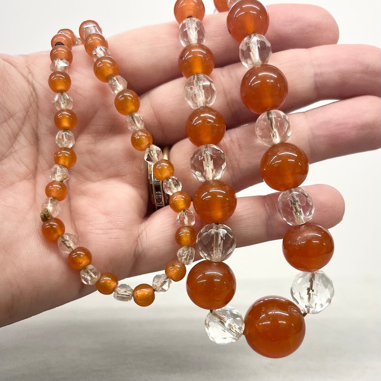 Long Vintage Carnelian Glass Uranium Graduated Bead Necklace Hand Strung Orange Clear Beads Bright Green / Yellow UV Reactive Glow TheGreenGlassGemShop