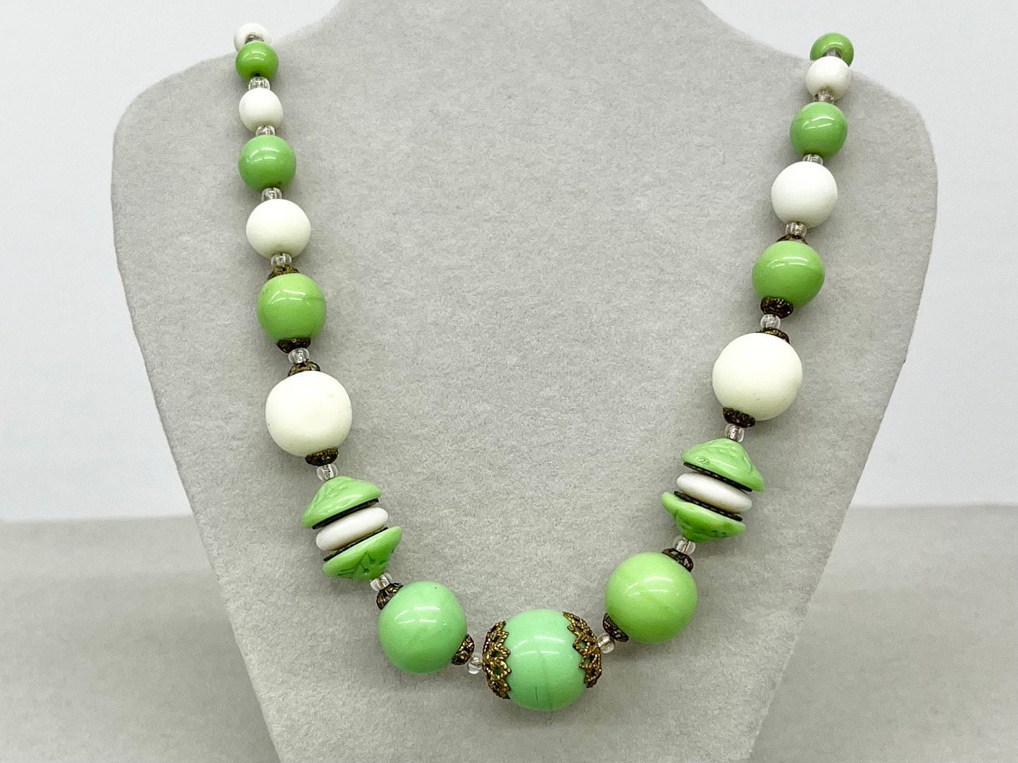 Uranium Glass Bead Necklace White & Green with Brass Bead Caps Bright Green UV Reactive Glow Jewellery 17” Vintage Art Deco TheGreenGlassGemShop