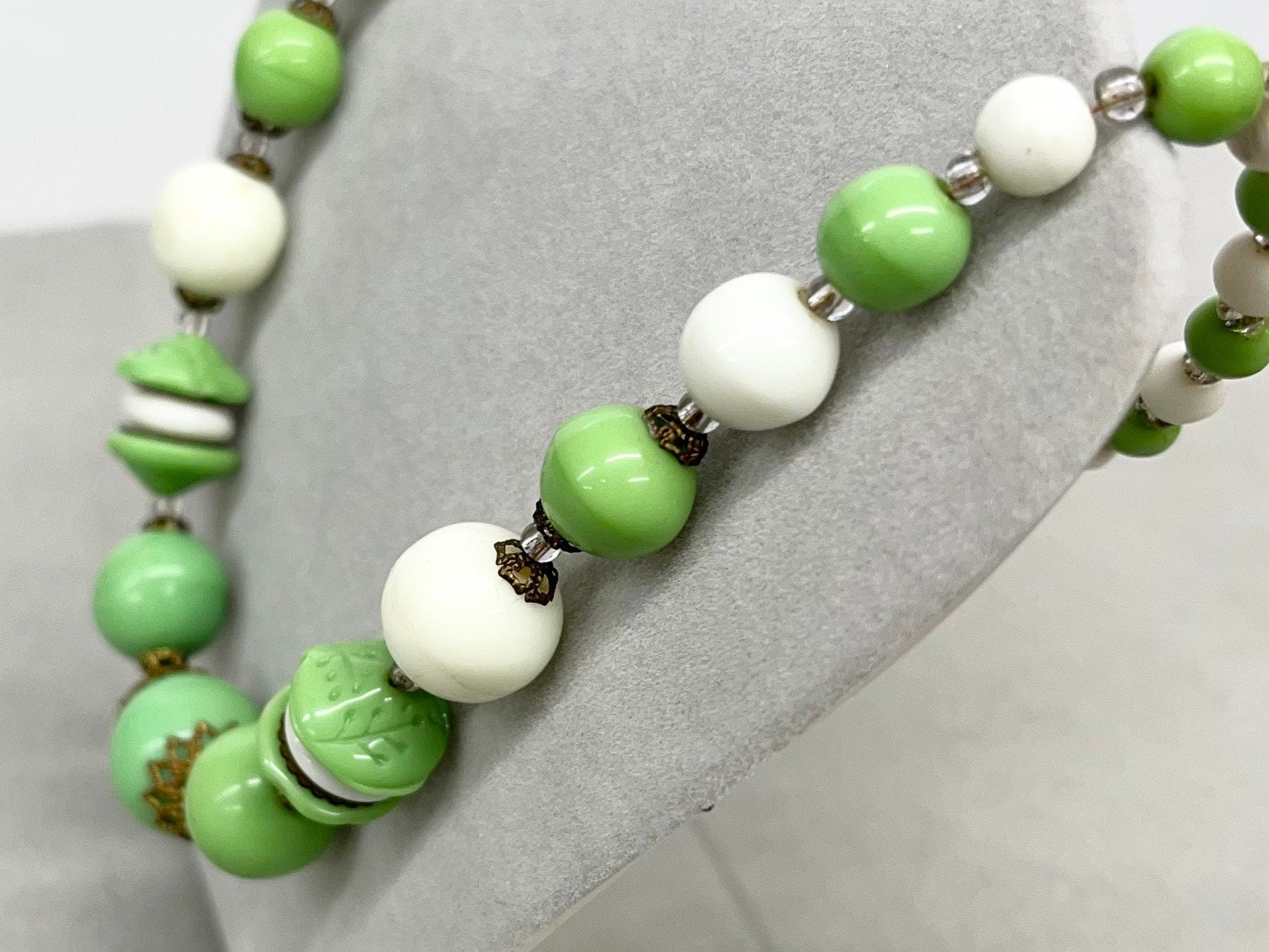 Uranium Glass Bead Necklace White & Green with Brass Bead Caps Bright Green UV Reactive Glow Jewellery 17” Vintage Art Deco TheGreenGlassGemShop