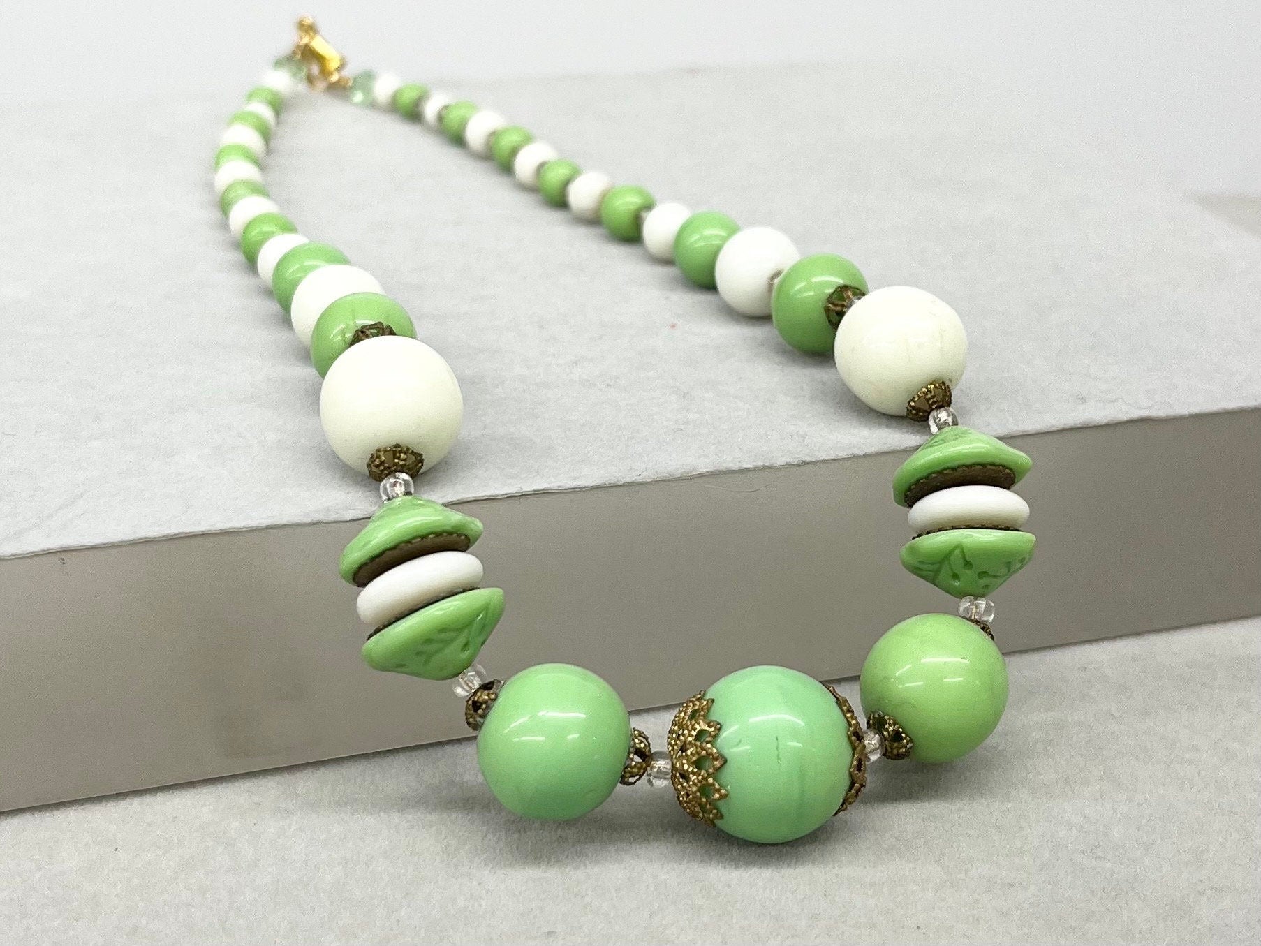 Uranium Glass Bead Necklace White & Green with Brass Bead Caps Bright Green UV Reactive Glow Jewellery 17” Vintage Art Deco TheGreenGlassGemShop