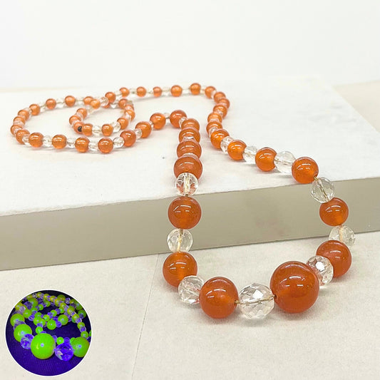 Long Vintage Carnelian Glass Uranium Graduated Bead Necklace Hand Strung Orange Clear Beads Bright Green / Yellow UV Reactive Glow TheGreenGlassGemShop