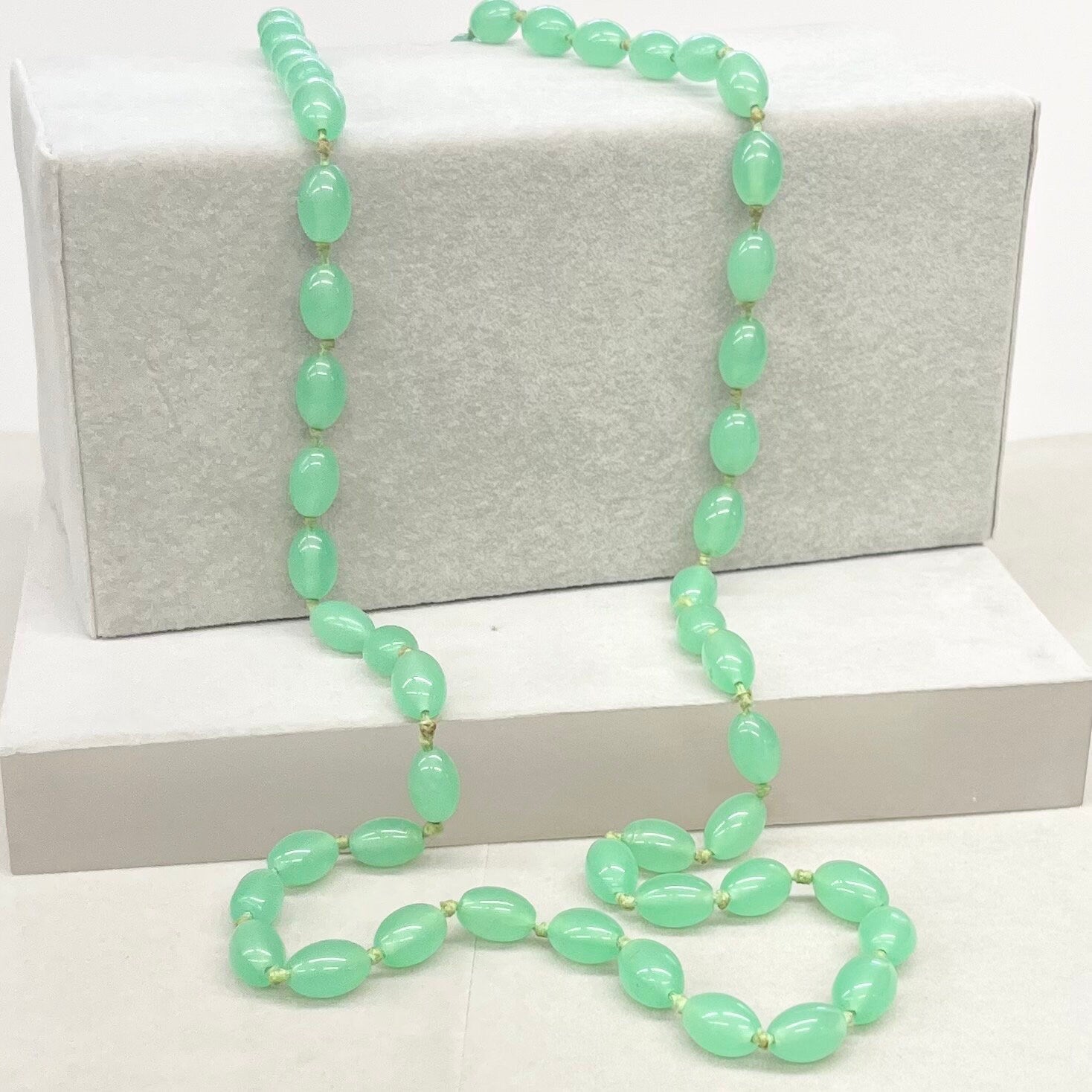 Long Vintage Teal Green Glass Uranium Bead Necklace Hand Strung Oval Beads Bright Green UV Reactive Glow 36” Long TheGreenGlassGemShop