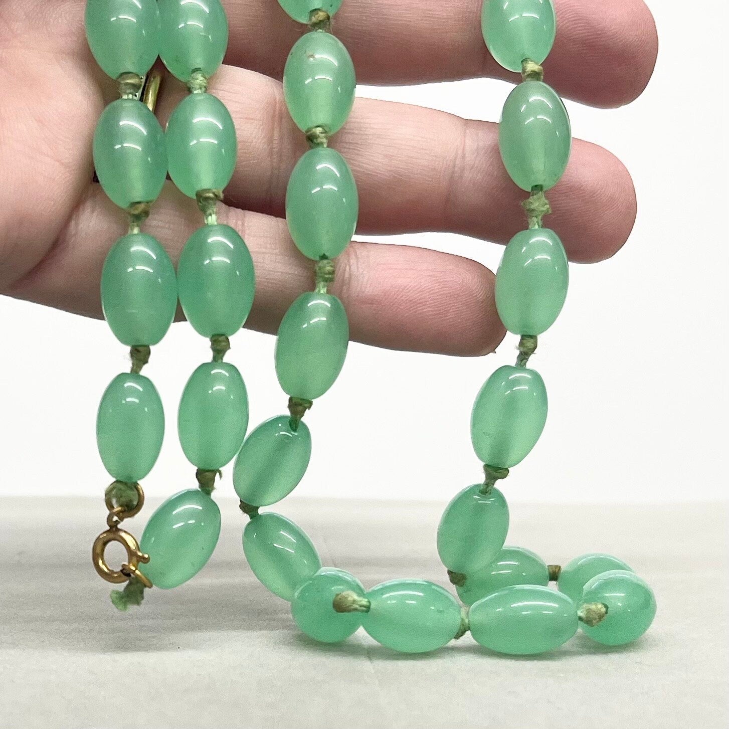 Long Vintage Teal Green Glass Uranium Bead Necklace Hand Strung Oval Beads Bright Green UV Reactive Glow 36” Long TheGreenGlassGemShop