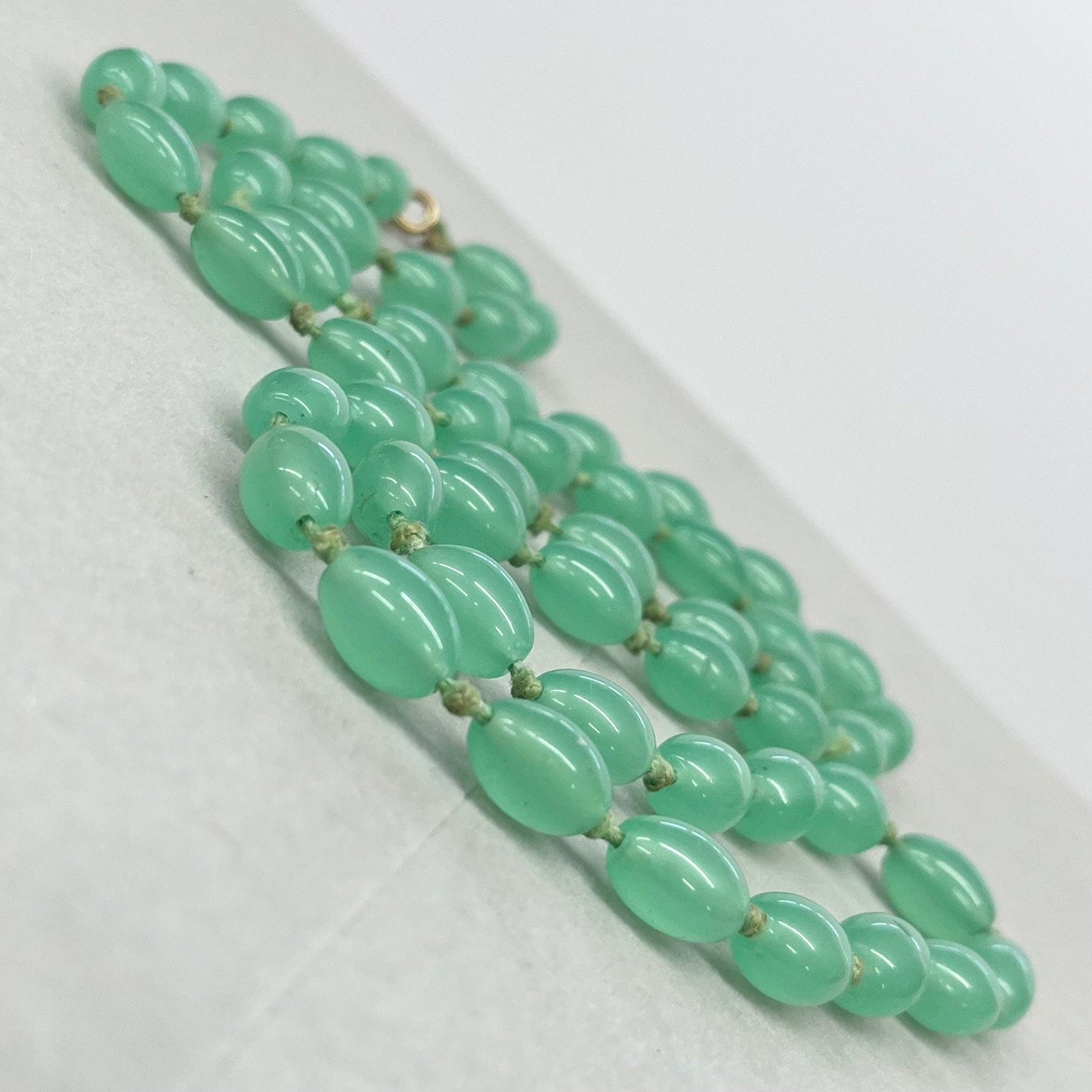 Long Vintage Teal Green Glass Uranium Bead Necklace Hand Strung Oval Beads Bright Green UV Reactive Glow 36” Long TheGreenGlassGemShop