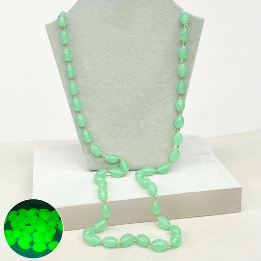 Long Vintage Teal Green Glass Uranium Bead Necklace Hand Strung Oval Beads Bright Green UV Reactive Glow 36” Long TheGreenGlassGemShop