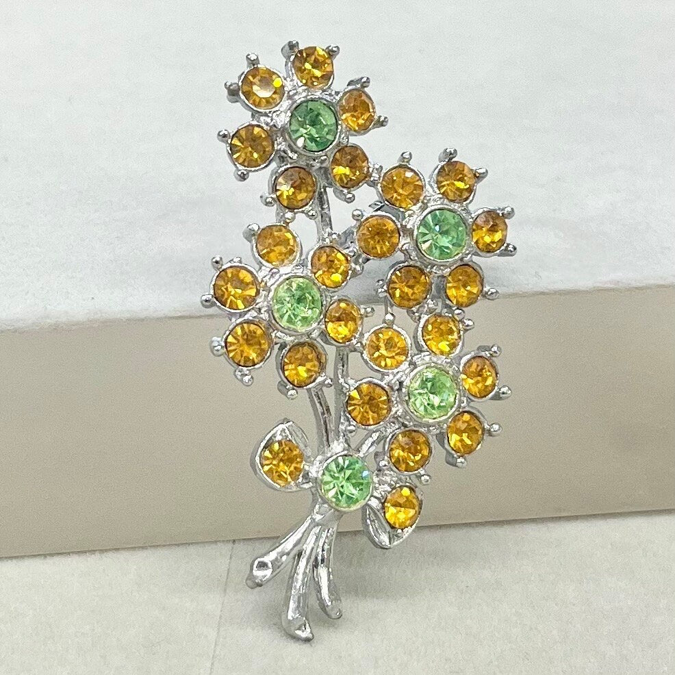 Green Uranium Glass Crystal & Amber Glass Floral Bouquet Brooch Silver Tone with a UV Reactive Glow UV Jewellery Vintage TheGreenGlassGemShop