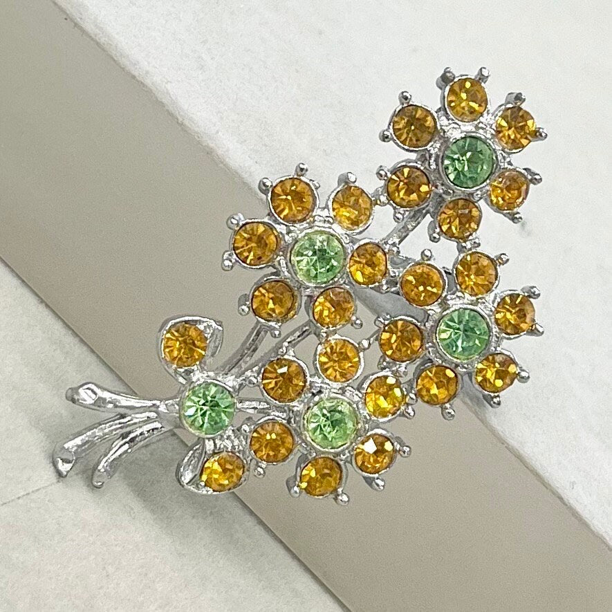 Green Uranium Glass Crystal & Amber Glass Floral Bouquet Brooch Silver Tone with a UV Reactive Glow UV Jewellery Vintage TheGreenGlassGemShop