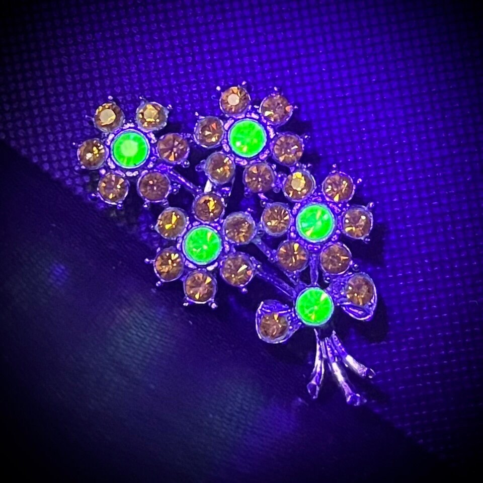 Green Uranium Glass Crystal & Amber Glass Floral Bouquet Brooch Silver Tone with a UV Reactive Glow UV Jewellery Vintage TheGreenGlassGemShop