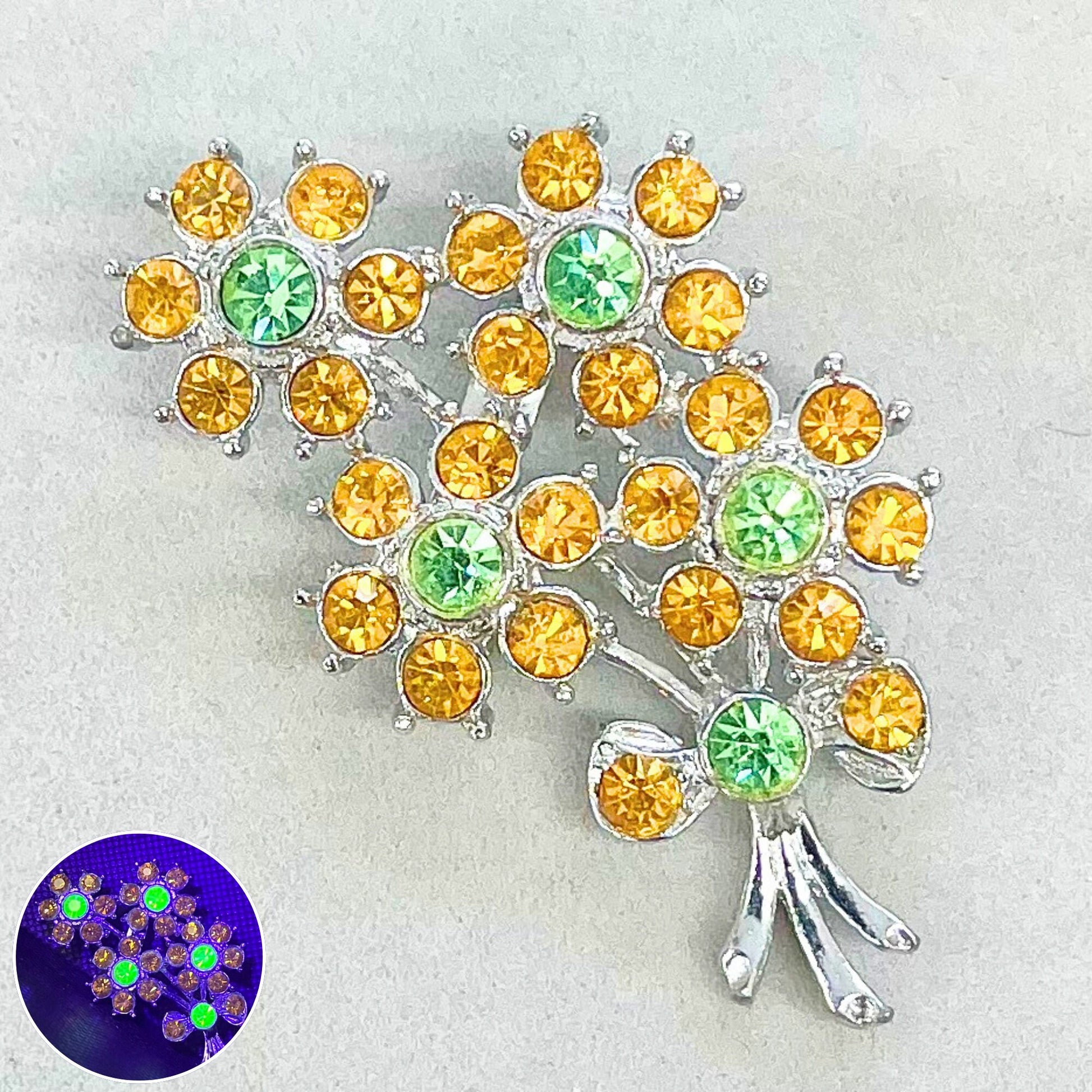 Green Uranium Glass Crystal & Amber Glass Floral Bouquet Brooch Silver Tone with a UV Reactive Glow UV Jewellery Vintage TheGreenGlassGemShop