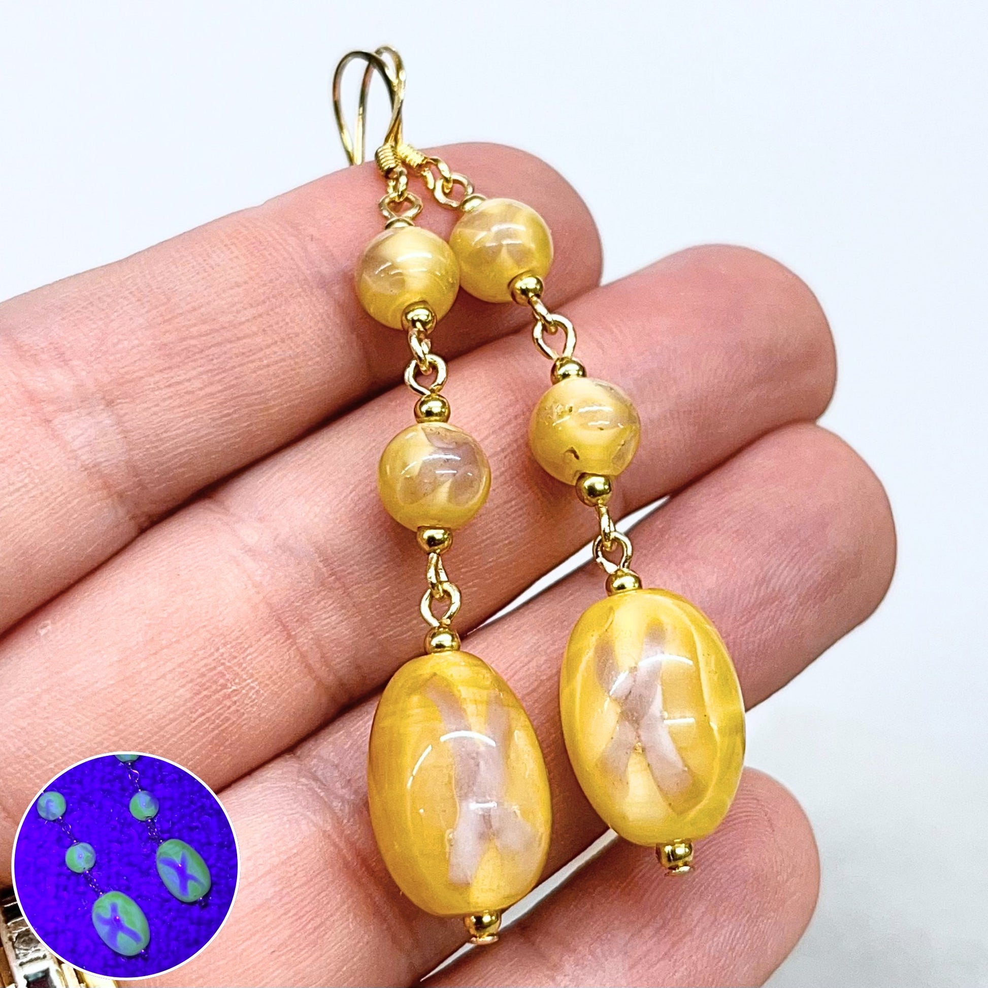 Vintage Yellow Uranium Glass Bead Drop Earrings Gold Plate with UV Reactive Glow Louis Rousselet Excellent Quality Beads TheGreenGlassGemShop