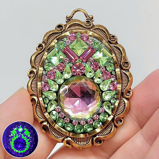 Statement Large Pink Green Uranium Pendant with Vintage Uranium Swarovski Crystal Elements in a Gold Tone Vintage Setting UV Reactive Glow TheGreenGlassGemShop