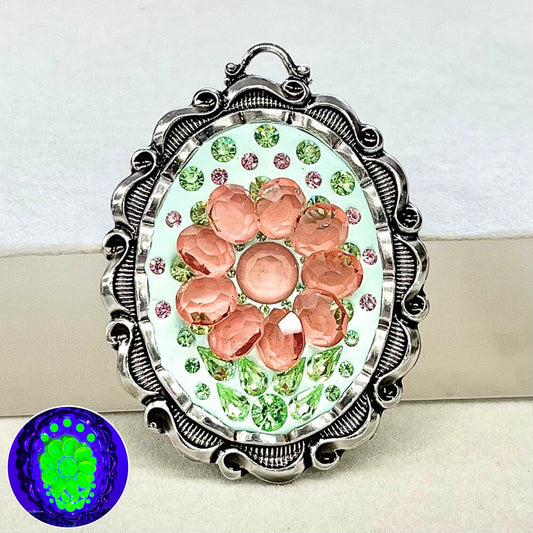 Statement Pink & Green Uranium Flower Pendant with Vintage Uranium Swarovski Crystal Elements in a Silver Tone Setting UV Reactive Glow TheGreenGlassGemShop