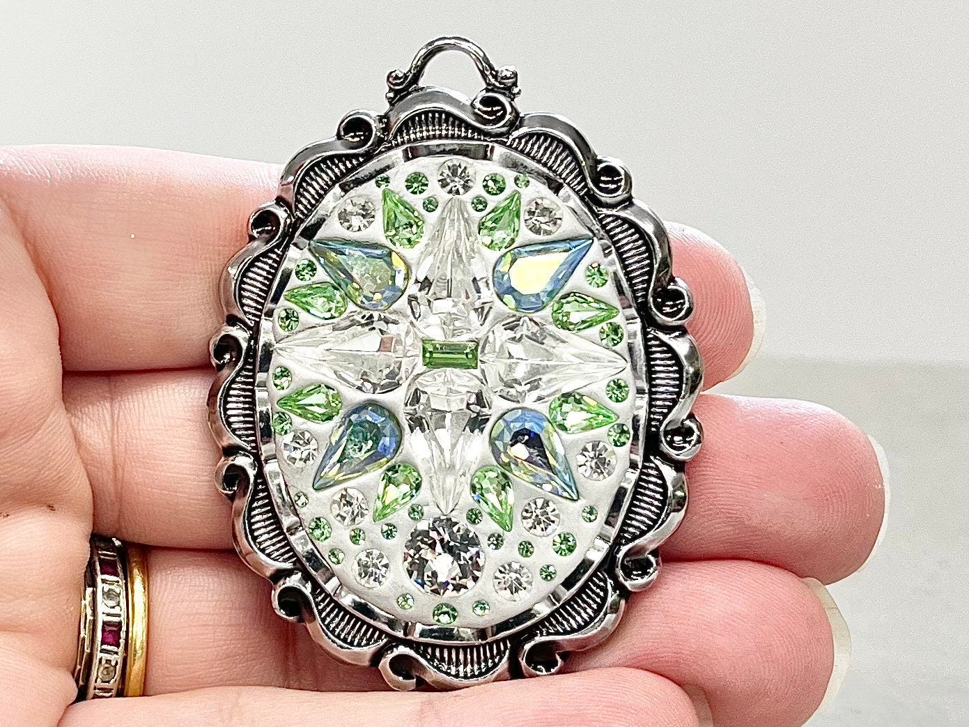 Clear Sparkling& Green Uranium Crystal Pendant with Vintage Uranium Swarovski Crystal Elements in a Silver Tone Setting UV Reactive Glow TheGreenGlassGemShop