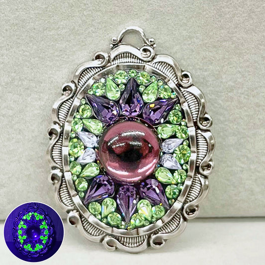 Statement Large Green Uranium & Amethyst Pendant with Vintage Uranium Swarovski Crystal Elements in a Silver Tone Setting UV Reactive Glow TheGreenGlassGemShop