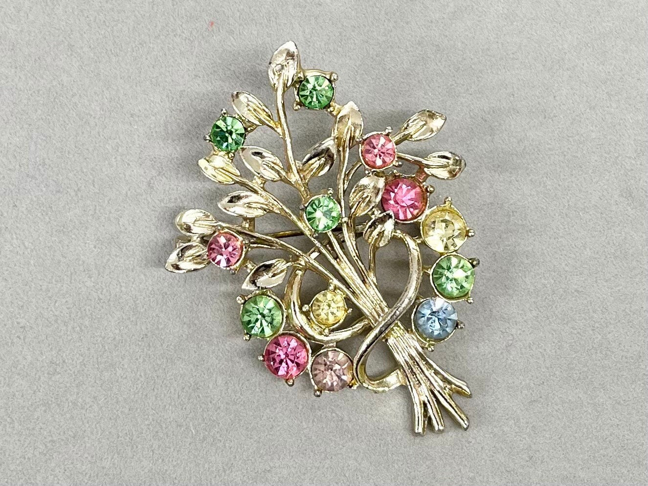 Multi Coloured Crystal Floral Bouquet Brooch Gold Tone with Uranium Glass & a UV Reactive Glow Vintage Jewellery TheGreenGlassGemShop