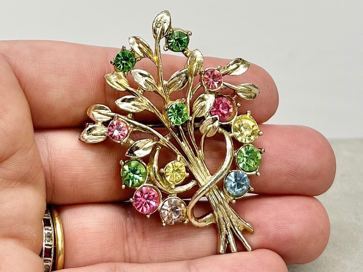 Multi Coloured Crystal Floral Bouquet Brooch Gold Tone with Uranium Glass & a UV Reactive Glow Vintage Jewellery TheGreenGlassGemShop