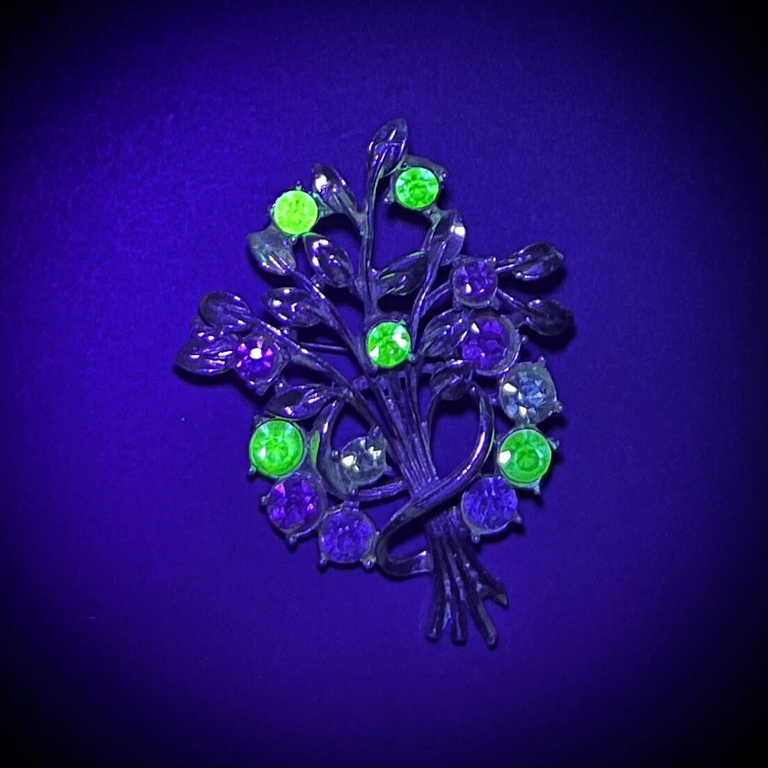 Multi Coloured Crystal Floral Bouquet Brooch Gold Tone with Uranium Glass & a UV Reactive Glow Vintage Jewellery TheGreenGlassGemShop