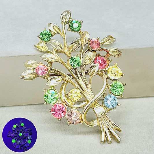 Multi Coloured Crystal Floral Bouquet Brooch Gold Tone with Uranium Glass & a UV Reactive Glow Vintage Jewellery TheGreenGlassGemShop