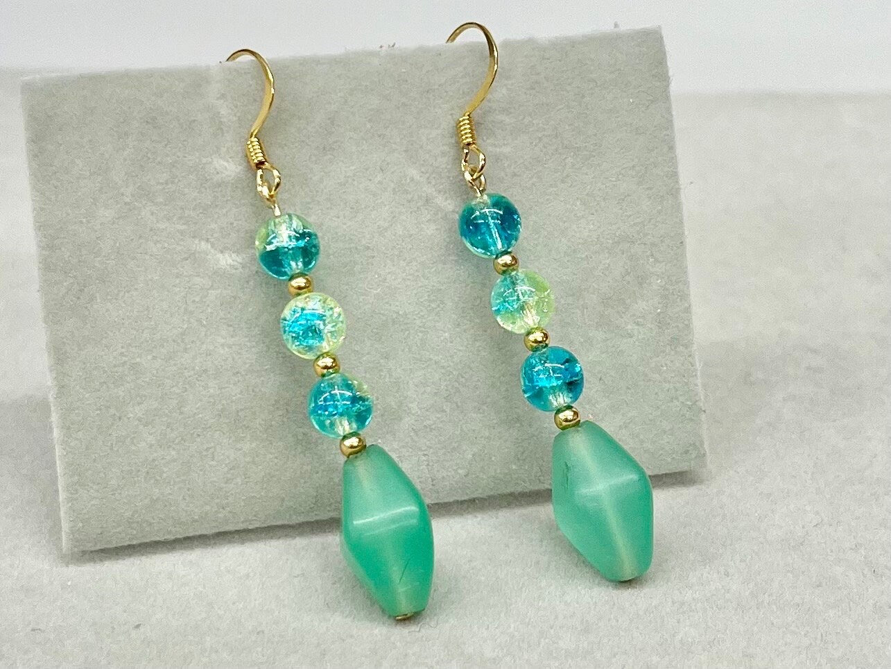 Vintage Teal Bicone Bead & Crackle Glass Uranium Bead Drop Earrings Gold Plate with UV Reactive Glow TheGreenGlassGemShop