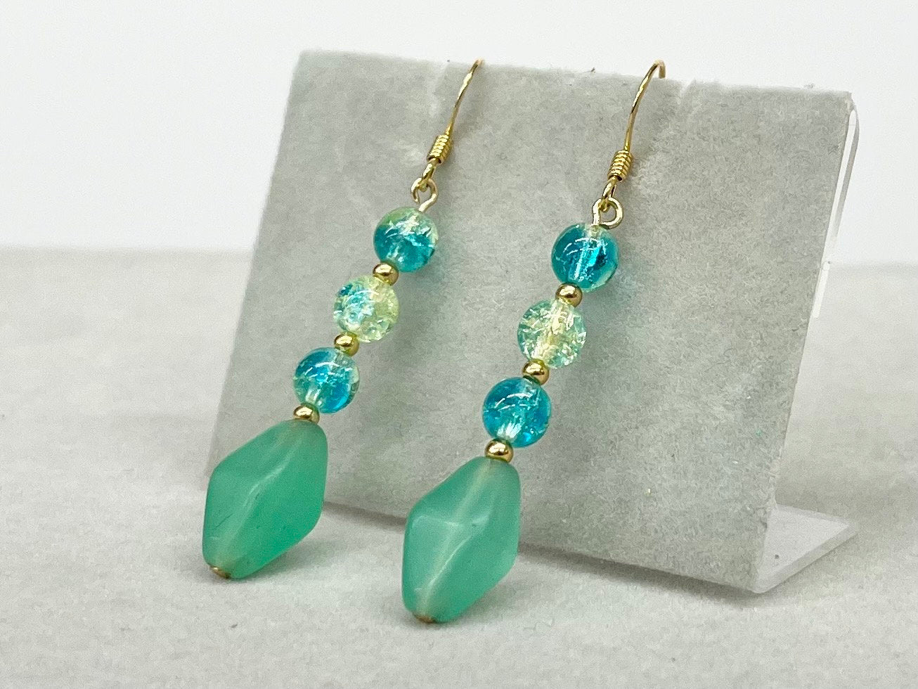 Vintage Teal Bicone Bead & Crackle Glass Uranium Bead Drop Earrings Gold Plate with UV Reactive Glow TheGreenGlassGemShop