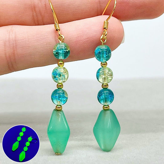 Vintage Teal Bicone Bead & Crackle Glass Uranium Bead Drop Earrings Gold Plate with UV Reactive Glow TheGreenGlassGemShop