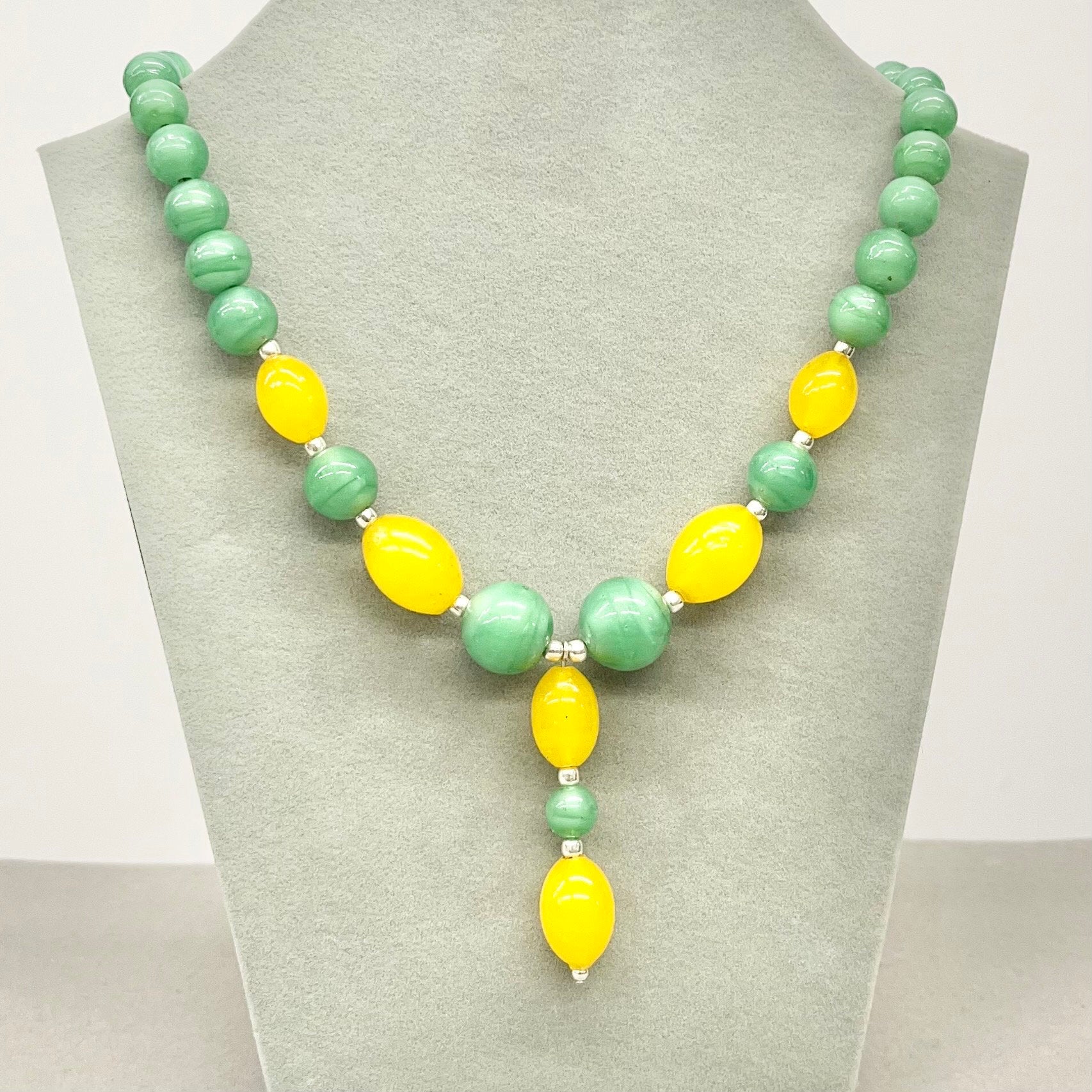 Vintage Yellow & Green Uranium Satin Glass Bead Drop Necklace Bright Green UV Reactive Glowing Jewellery TheGreenGlassGemShop