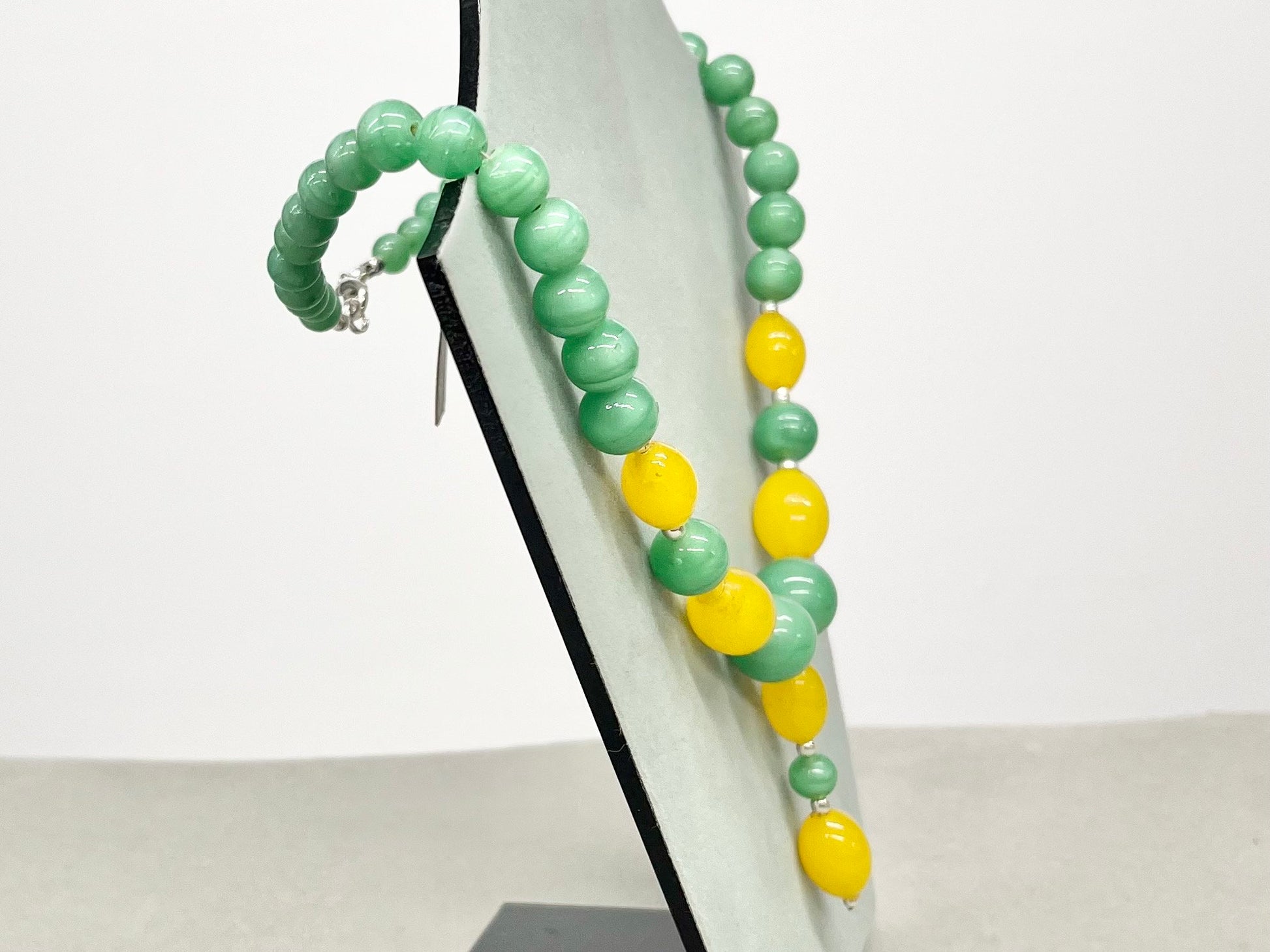 Vintage Yellow & Green Uranium Satin Glass Bead Drop Necklace Bright Green UV Reactive Glowing Jewellery TheGreenGlassGemShop