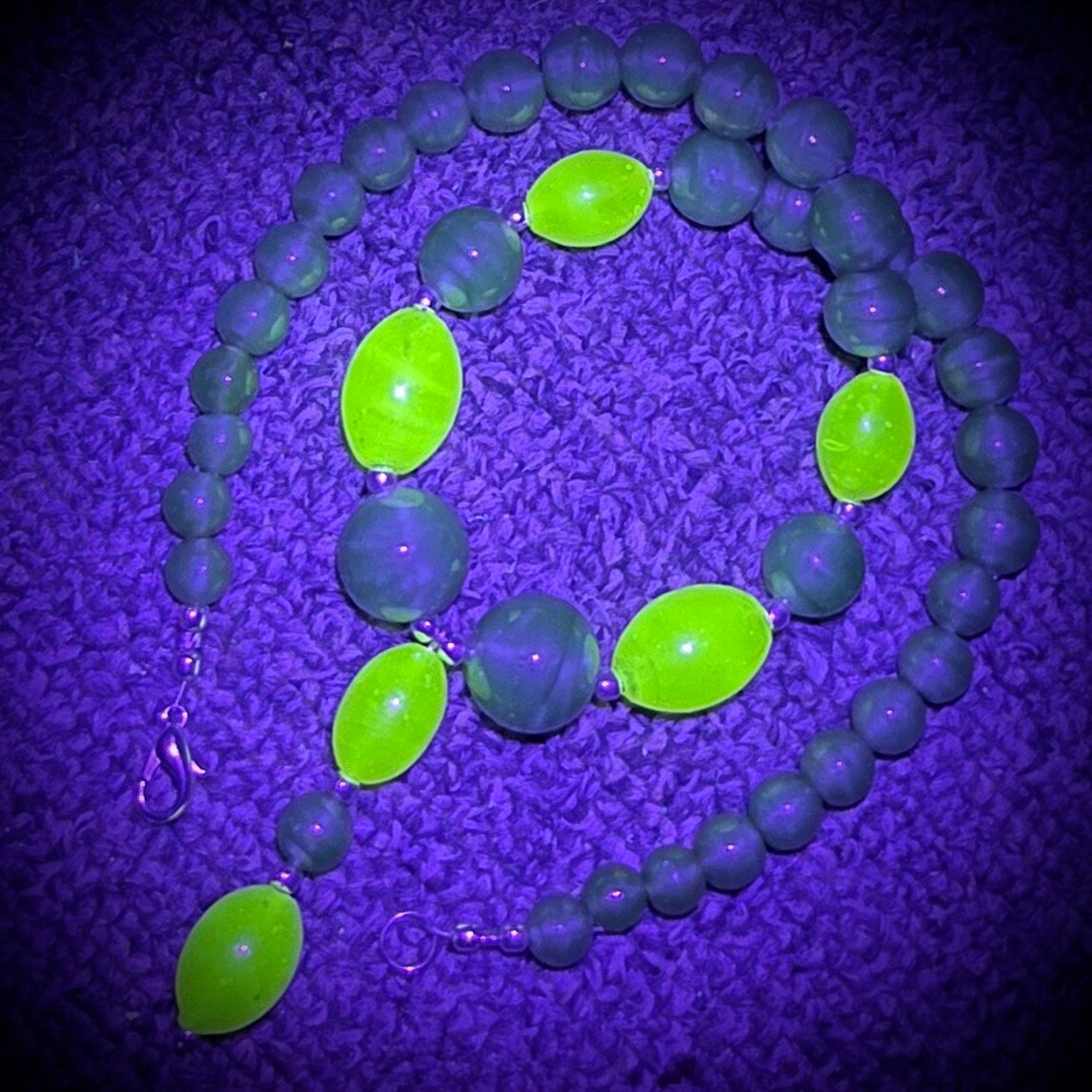 Vintage Yellow & Green Uranium Satin Glass Bead Drop Necklace Bright Green UV Reactive Glowing Jewellery TheGreenGlassGemShop