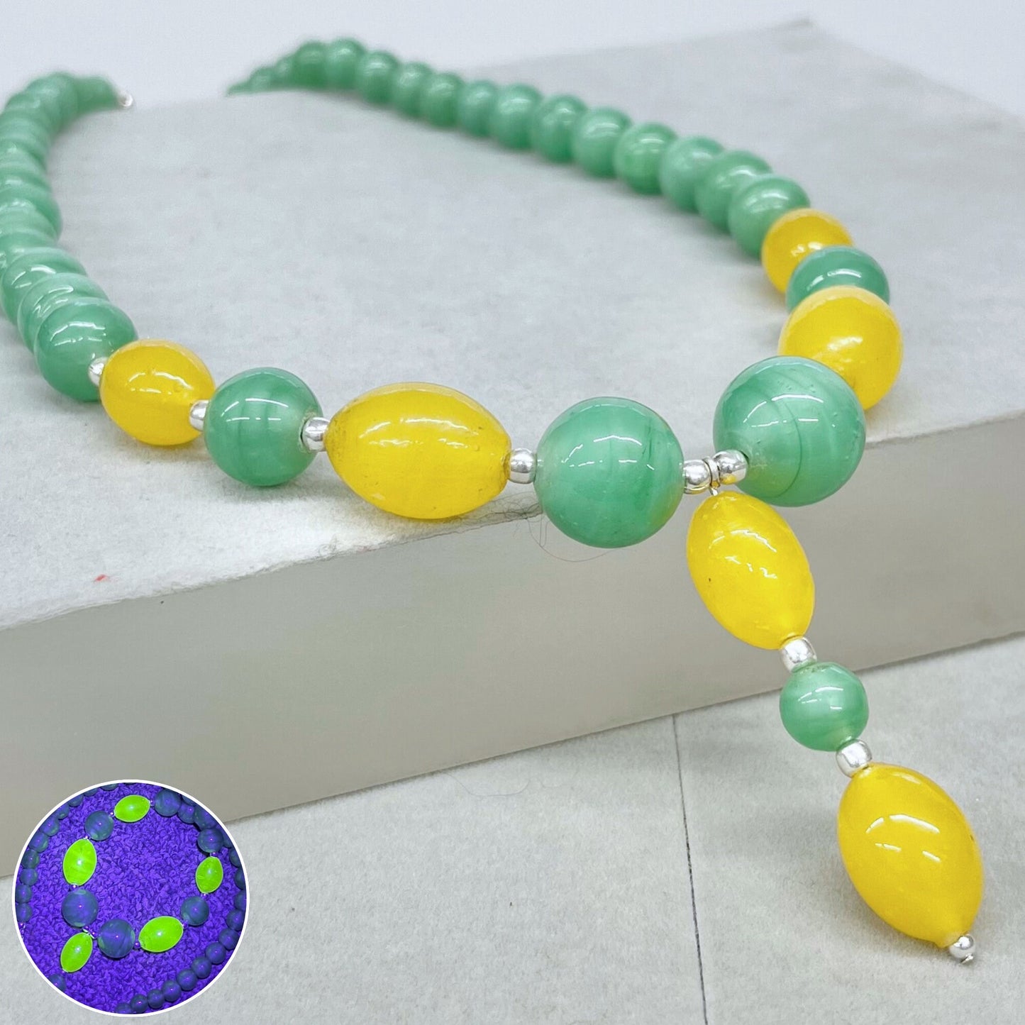 Vintage Yellow & Green Uranium Satin Glass Bead Drop Necklace Bright Green UV Reactive Glowing Jewellery TheGreenGlassGemShop