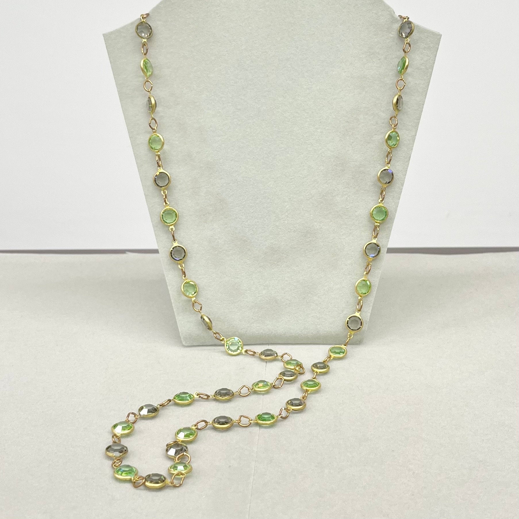 Long Smokey Grey & Green Uranium Rivoli Crystal Necklace Gold Plated UV Reactive Glowing Jewellery Made From Vintage Components TheGreenGlassGemShop