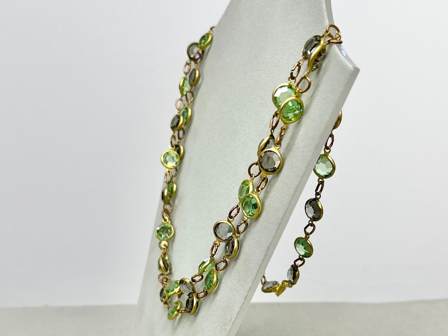 Long Smokey Grey & Green Uranium Rivoli Crystal Necklace Gold Plated UV Reactive Glowing Jewellery Made From Vintage Components TheGreenGlassGemShop