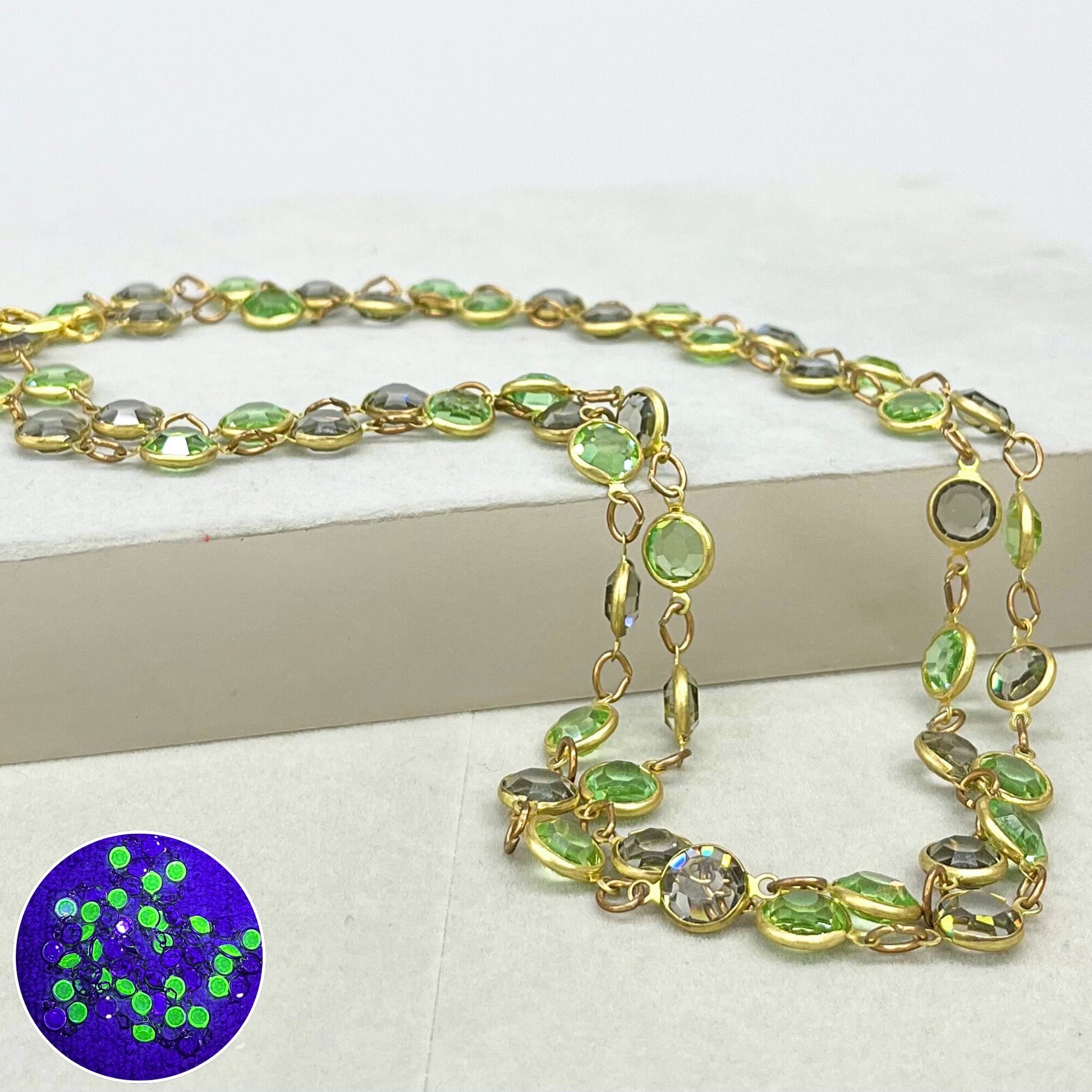 Long Smokey Grey & Green Uranium Rivoli Crystal Necklace Gold Plated UV Reactive Glowing Jewellery Made From Vintage Components TheGreenGlassGemShop