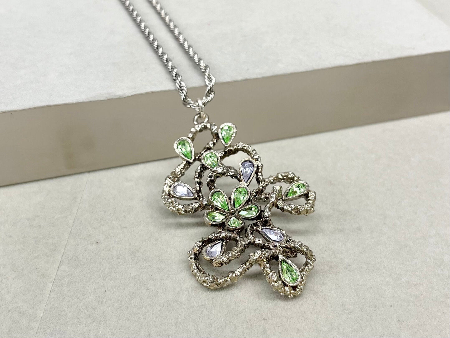 Large Green & Lilac Crystal Floral Vine Pendant on 18” Chain with Vintage Uranium Swarovski Crystal Elements UV Reactive Glow TheGreenGlassGemShop