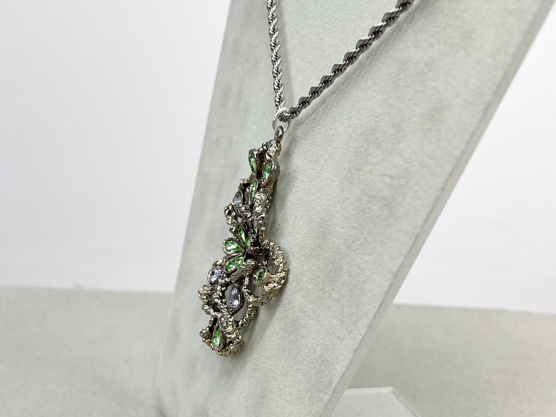 Large Green & Lilac Crystal Floral Vine Pendant on 18” Chain with Vintage Uranium Swarovski Crystal Elements UV Reactive Glow TheGreenGlassGemShop