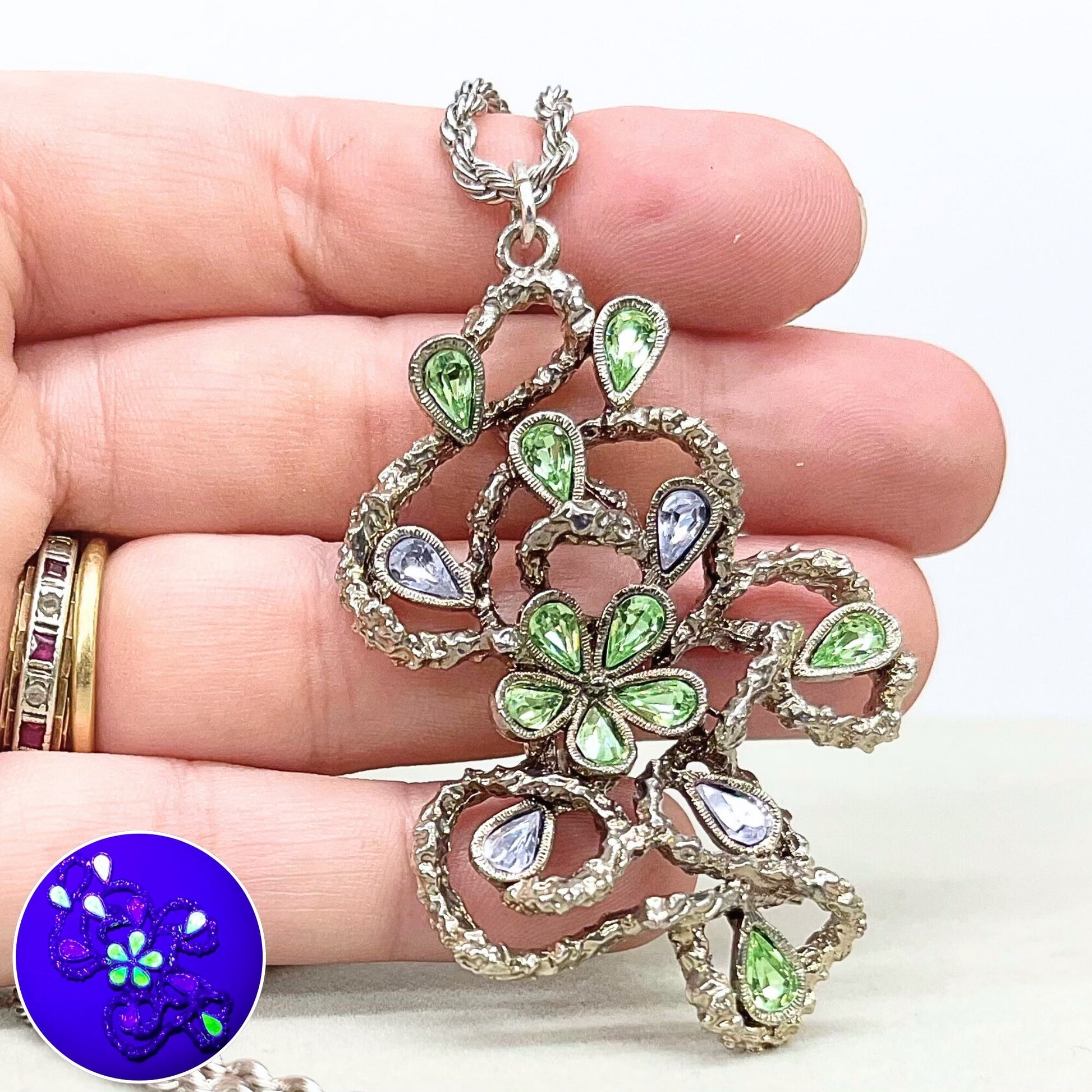 Large Green & Lilac Crystal Floral Vine Pendant on 18” Chain with Vintage Uranium Swarovski Crystal Elements UV Reactive Glow TheGreenGlassGemShop