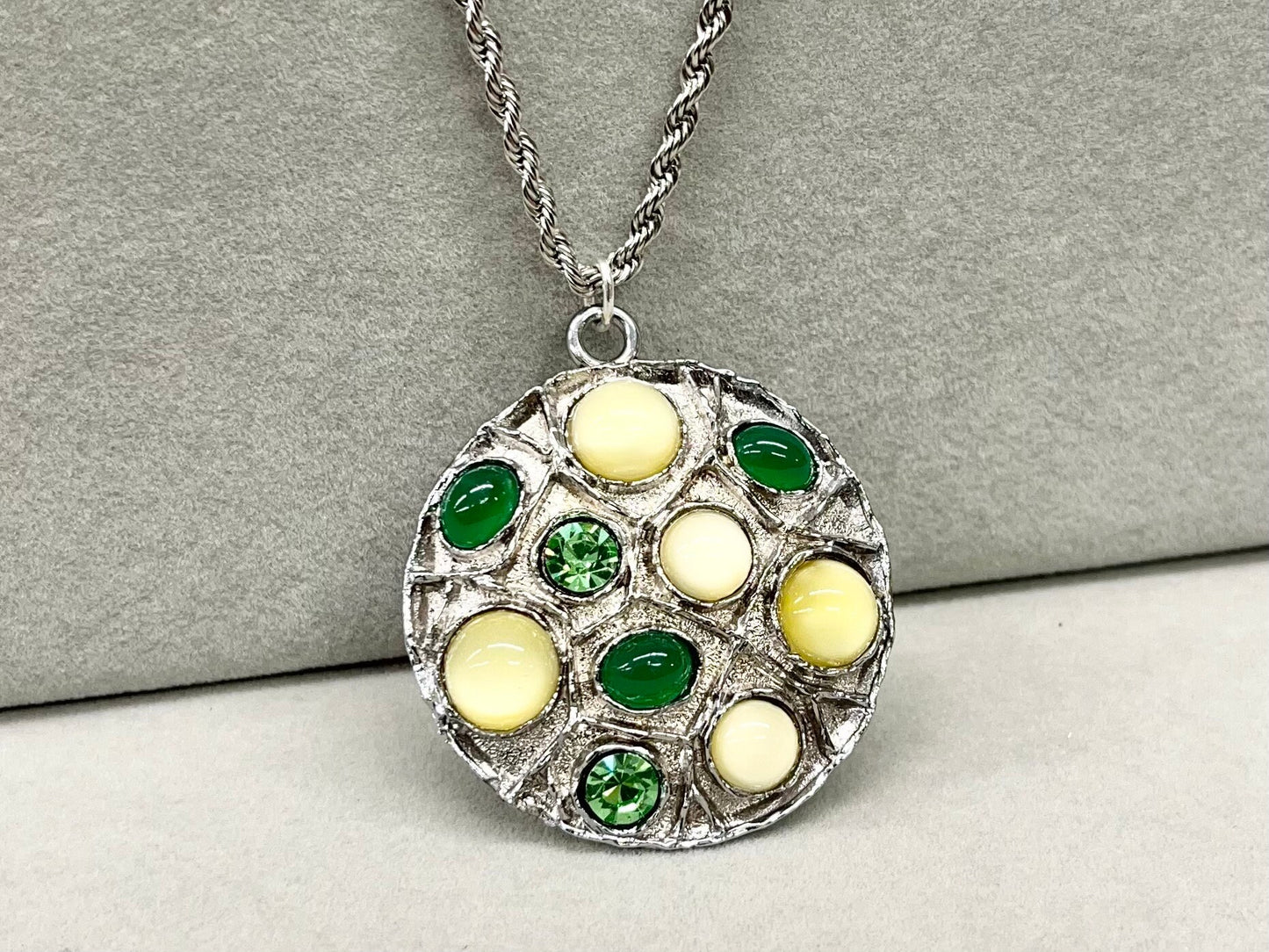 Large Round Green Yellow Multi Stone Pendant on an 18” Chain with Vintage Uranium Swarovski Crystal Elements and Cabochons UV Reactive Glow TheGreenGlassGemShop