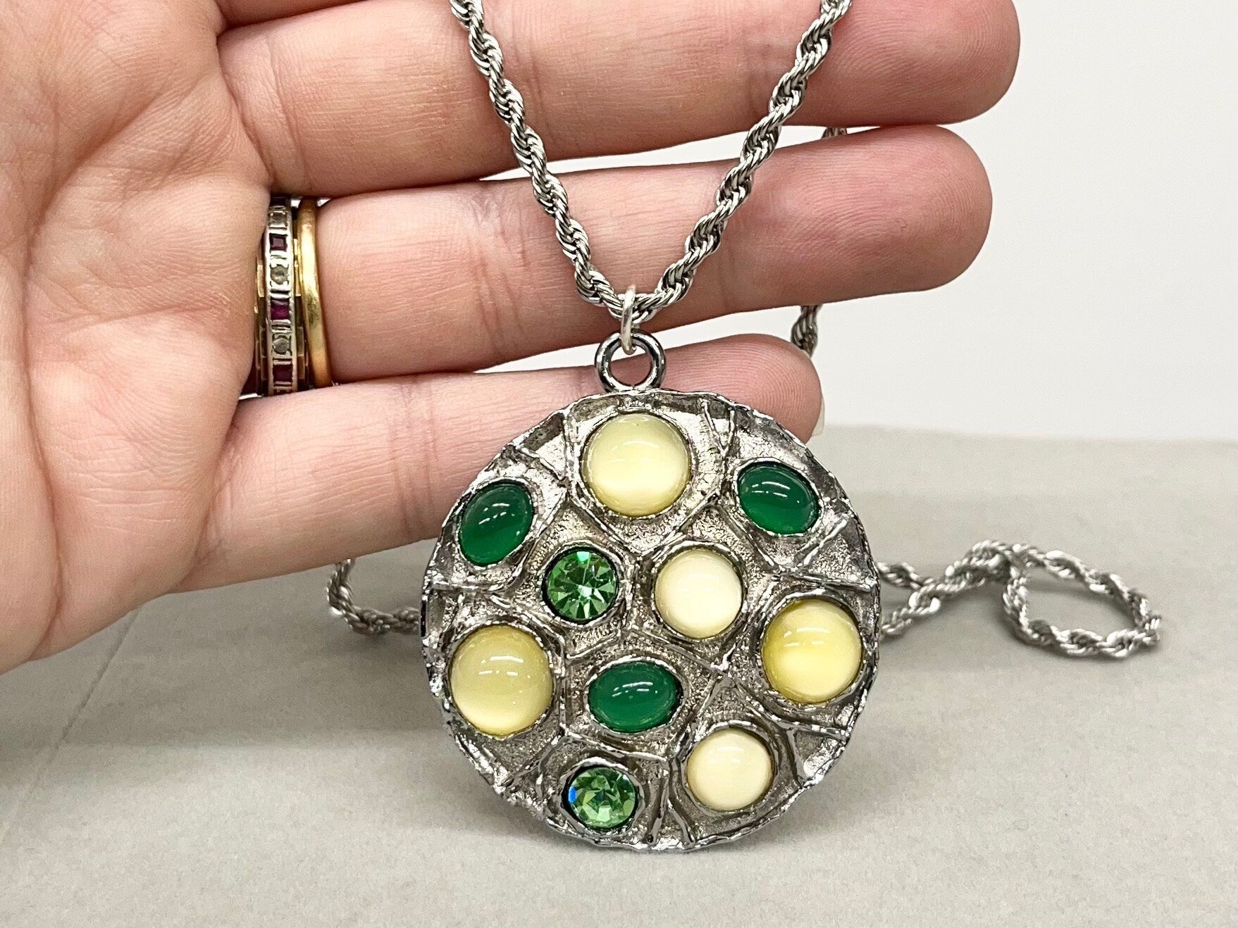 Large Round Green Yellow Multi Stone Pendant on an 18” Chain with Vintage Uranium Swarovski Crystal Elements and Cabochons UV Reactive Glow TheGreenGlassGemShop