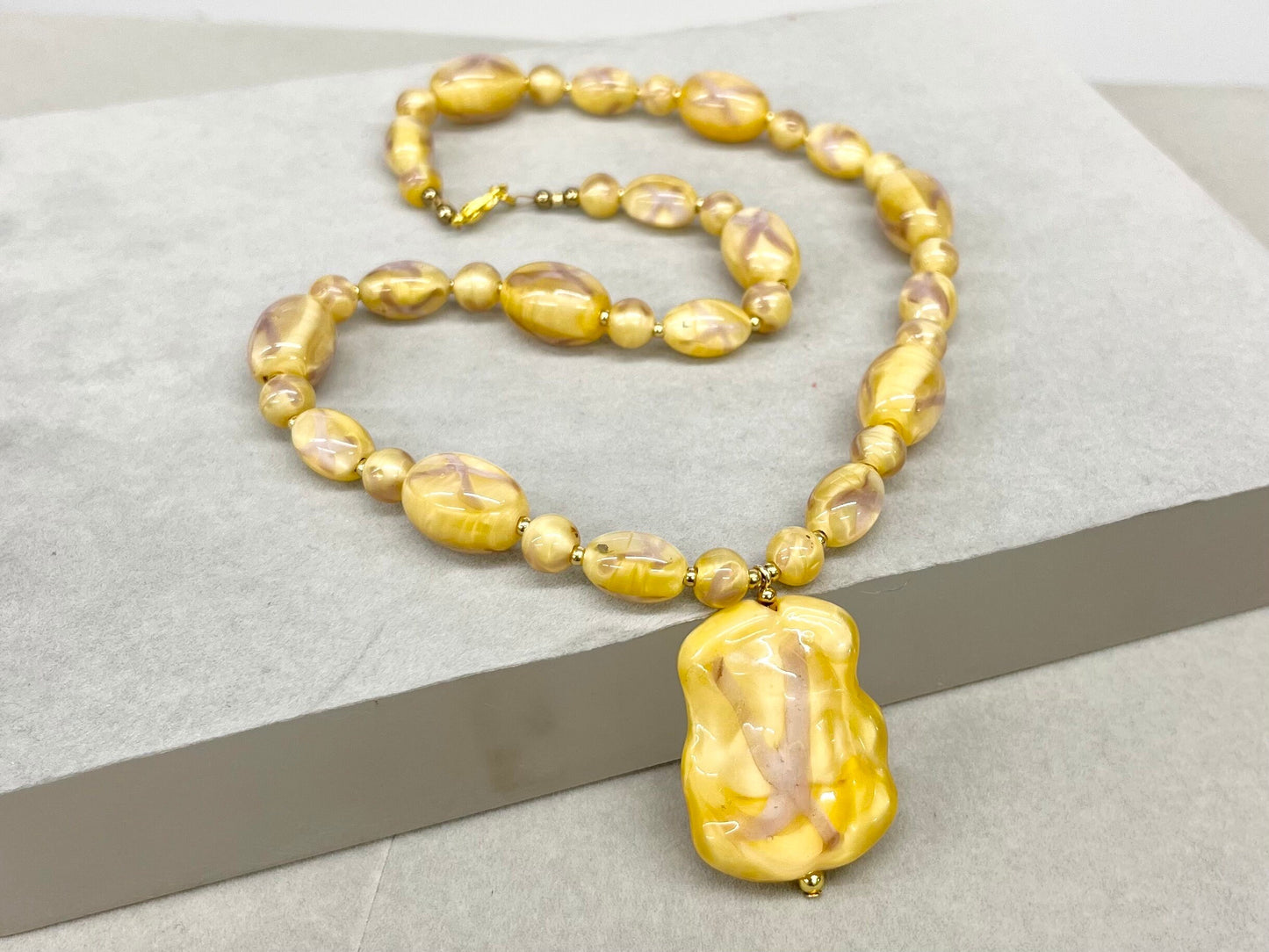 Stunning Yellow Glass Bead Uranium Glass Necklace Green UV Reactive Glow Jewellery Unusual Cross Bead Design Possibly Louis Rousselet TheGreenGlassGemShop