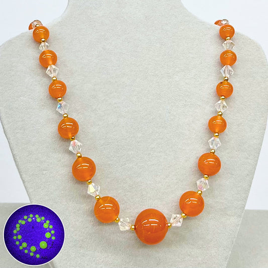 Vintage Carnelian Glass Uranium Graduated Bead Necklace Orange & Clear Beads Bright Green / Yellow UV Reactive Glow TheGreenGlassGemShop