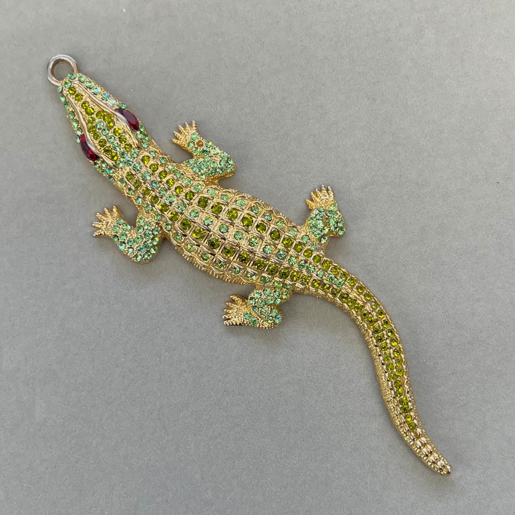 Vintage Butler & Wilson Large Green Crystal Crocodile Alligator Pendant with Vintage Uranium Swarovski Crystal Elements UV Reactive Glow TheGreenGlassGemShop