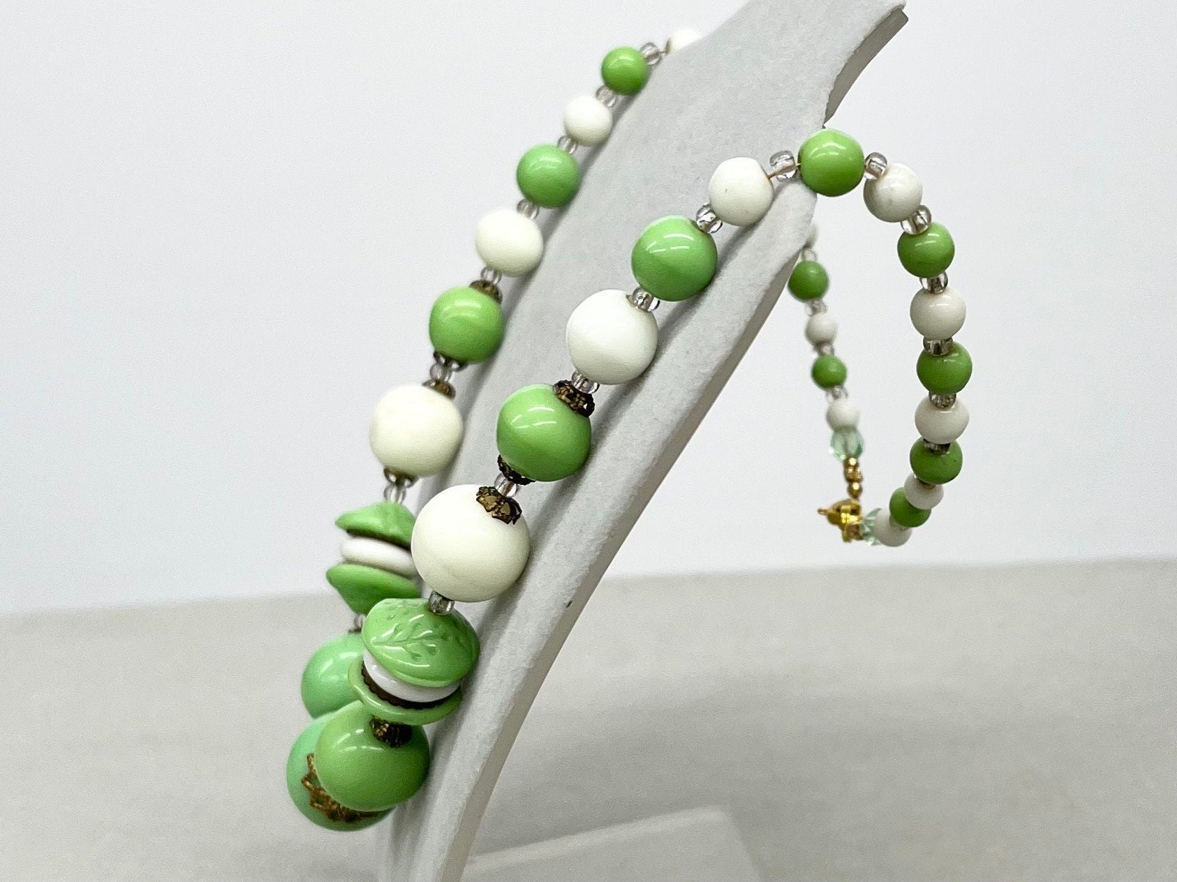 Uranium Glass Bead Necklace White & Green with Brass Bead Caps Bright Green UV Reactive Glow Jewellery 17” Vintage Art Deco TheGreenGlassGemShop