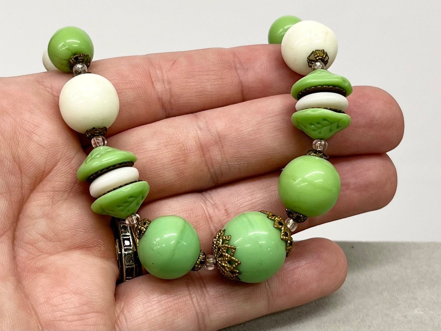 Uranium Glass Bead Necklace White & Green with Brass Bead Caps Bright Green UV Reactive Glow Jewellery 17” Vintage Art Deco TheGreenGlassGemShop