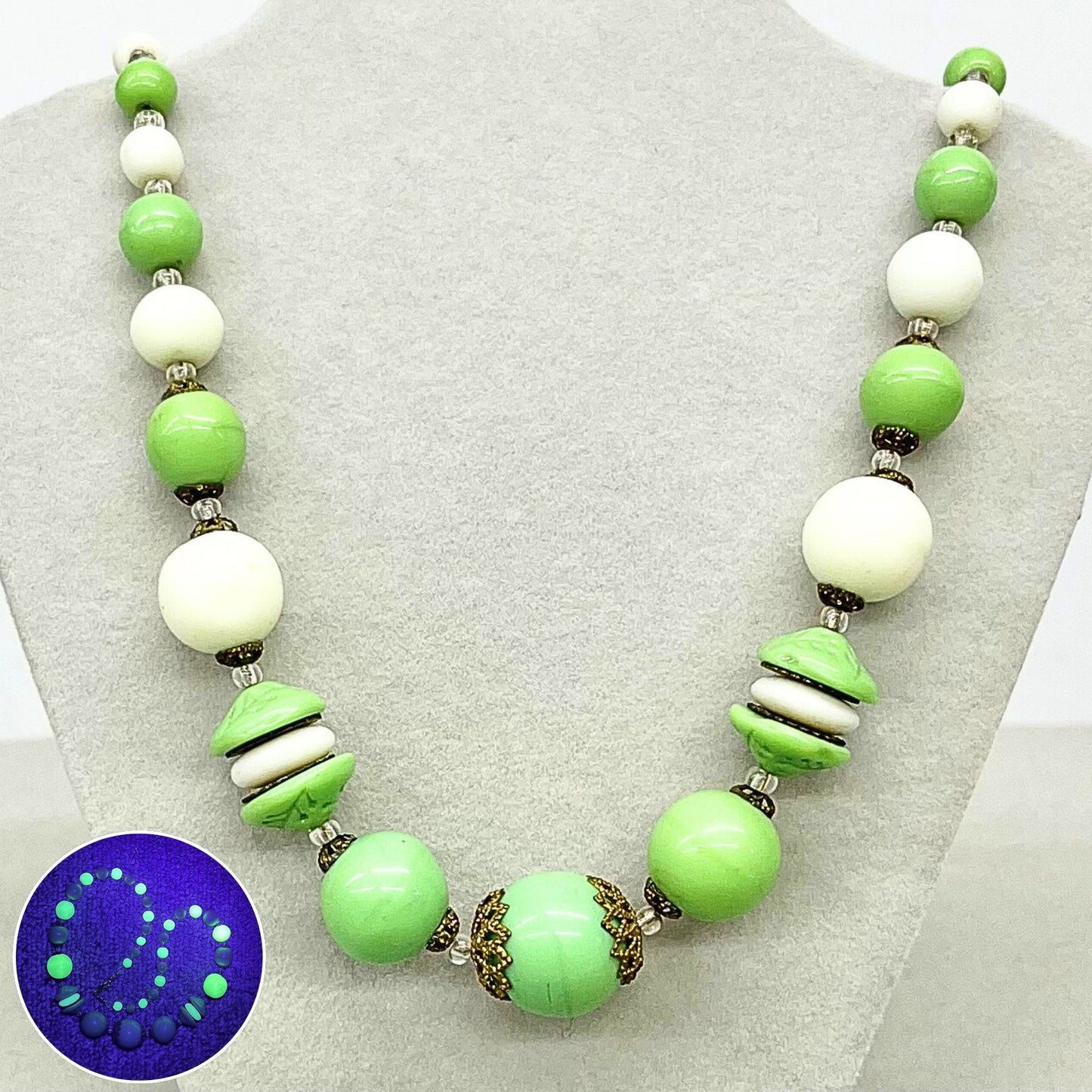 Uranium Glass Bead Necklace White & Green with Brass Bead Caps Bright Green UV Reactive Glow Jewellery 17” Vintage Art Deco TheGreenGlassGemShop