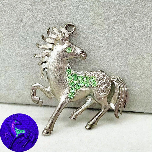 Vintage Horse Pendant with Green Vintage Uranium Swarovski Crystal Elements in a Pewter Tone Setting UV Reactive Glow TheGreenGlassGemShop