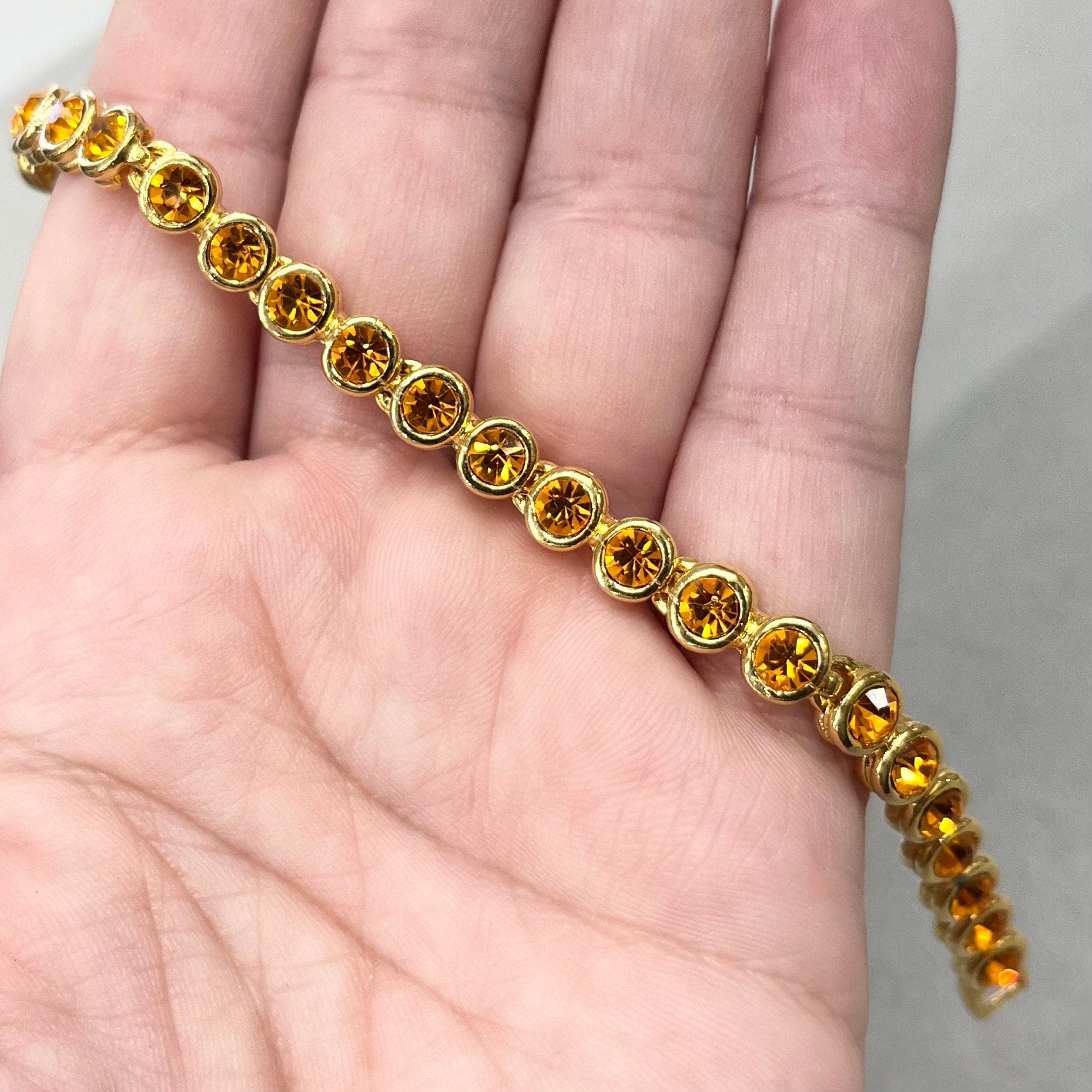 Vintage Orange Cadmium Glass Crystal Tennis Bracelet Gold Tone Metal UV Reactive Glow Jewellery TheGreenGlassGemShop